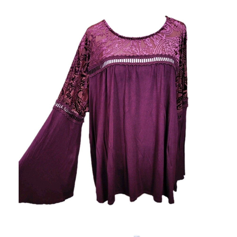 John Paul Richard Maroon Flare Sleeve Top Ladder Trim & Velvet Burnout Womens 1X